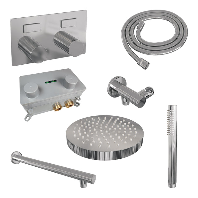 BRAUER Stripe thermostatische inbouw regendouche met drukknoppen SET 25 met 25 cm douchekop en rechte muurarm en staaf handdouche en doucheslang en wandaansluitbocht chroom 5-CE-413