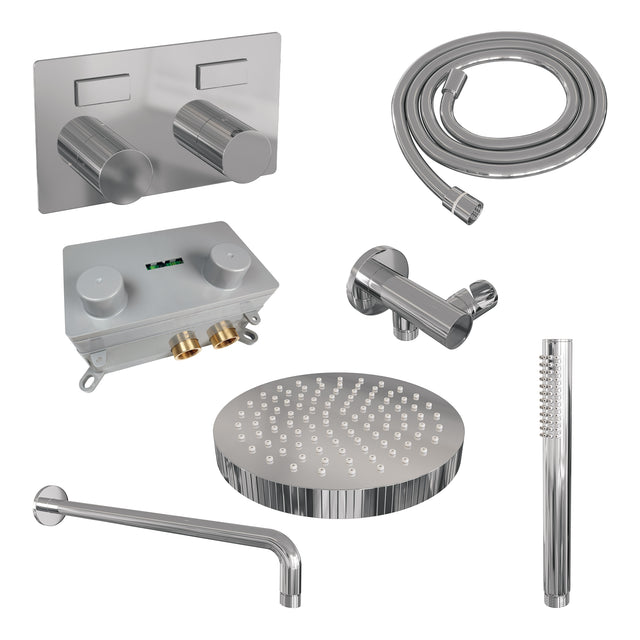 BRAUER Stripe thermostatische inbouw regendouche met drukknoppen SET 26 met 25 cm douchekop en gebogen muurarm en staaf handdouche en doucheslang en wandaansluitbocht chroom 5-CE-415