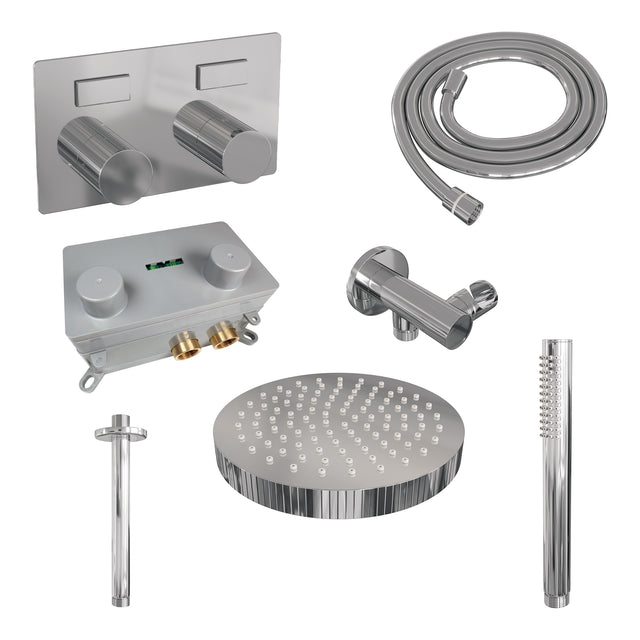 BRAUER Stripe thermostatische inbouw regendouche met drukknoppen SET 27 met 25 cm douchekop en plafondarm en staaf handdouche en doucheslang en wandaansluitbocht chroom 5-CE-417