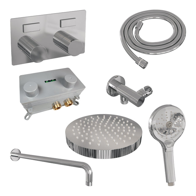 BRAUER Stripe thermostatische inbouw regendouche met drukknoppen SET 29 met 25 cm douchekop en gebogen muurarm en 3-standen handdouche en doucheslang en wandaansluitbocht chroom 5-CE-421