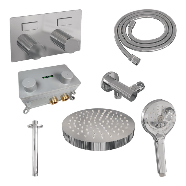 BRAUER Stripe thermostatische inbouw regendouche met drukknoppen SET 30 met 25 cm douchekop en plafondarm en 3-standen handdouche en doucheslang en wandaansluitbocht chroom 5-CE-423