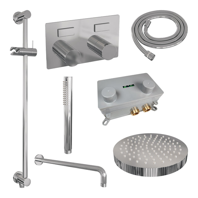 BRAUER Stripe thermostatische inbouw regendouche met drukknoppen SET 32 met 25 cm douchekop en gebogen muurarm en staaf handdouche en doucheslang en geïntegreerde glijstang chroom 5-CE-427