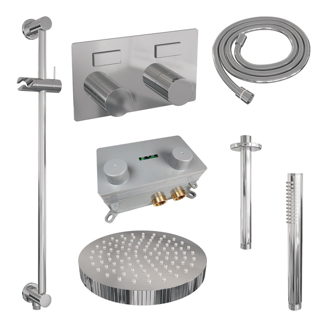 BRAUER Stripe thermostatische inbouw regendouche met drukknoppen SET 33 met 25 cm douchekop en plafondarm en staaf handdouche en doucheslang en geïntegreerde glijstang chroom 5-CE-429