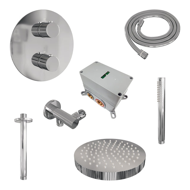 BRAUER Stripe thermostatische inbouw regendouche 3-weg rond SET 39 met 25 cm douchekop en plafondarm en staaf handdouche en doucheslang en wandaansluitbocht chroom 5-CE-441