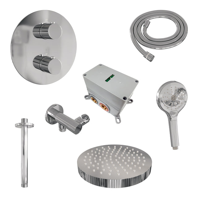 BRAUER Stripe thermostatische inbouw regendouche 3-weg rond SET 42 met 25 cm douchekop en plafondarm en 3-standen handdouche en doucheslang en wandaansluitbocht chroom 5-CE-447
