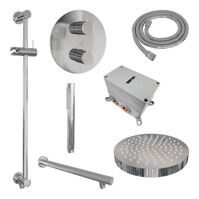BRAUER Stripe thermostatische inbouw regendouche 3-weg rond SET 43 met 25 cm douchekop en rechte muurarm en staaf handdouche en doucheslang en geïntegreerde glijstang chroom 5-CE-449