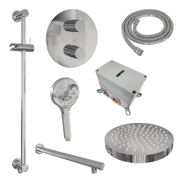 BRAUER Stripe thermostatische inbouw regendouche 3-weg rond SET 46 met 25 cm douchekop en rechte muurarm en 3-standen handdouche en doucheslang en geïntegreerde glijstang chroom 5-CE-455