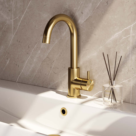 BRAUER Gold Edition hoge opbouw wastafelmengkraan met draaibare ronde uitloop model B goud geborsteld PVD