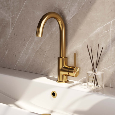 BRAUER Gold Edition hoge opbouw wastafelmengkraan met draaibare ronde uitloop model B goud geborsteld PVD