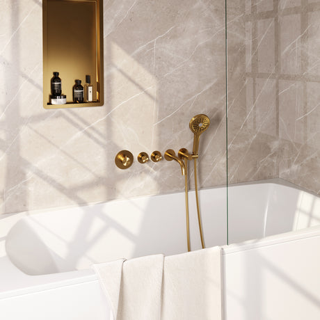 BRAUER Gold Edition thermostatische inbouw badkraan SET 02 met uitloop en 3-standen handdouche en doucheslang en wandaansluitbocht goud geborsteld PVD