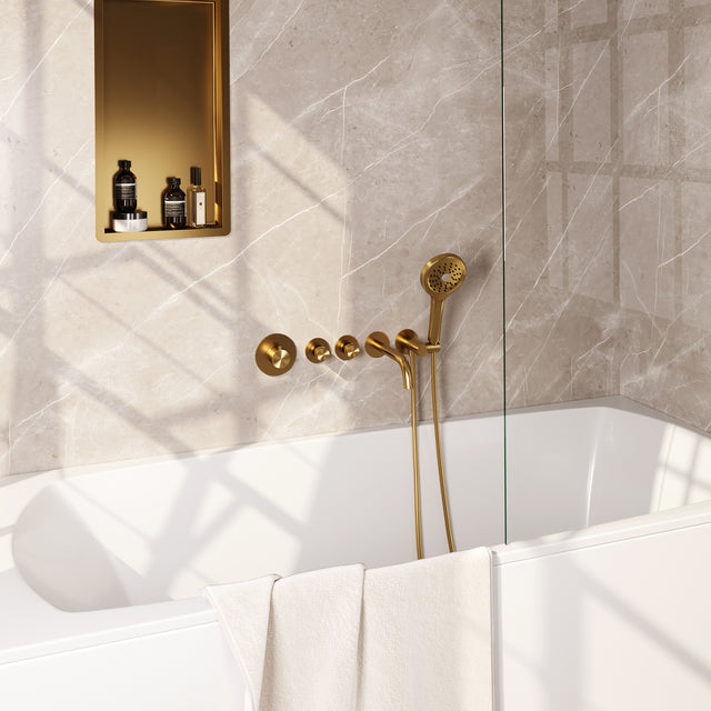 BRAUER Gold Edition thermostatische inbouw badkraan SET 02 met uitloop en 3-standen handdouche en doucheslang en wandaansluitbocht goud geborsteld PVD