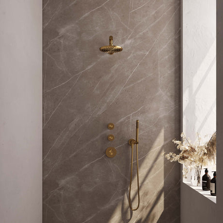 BRAUER Gold Edition thermostatische inbouw regendouche SET 01 met 20 cm douchekop en rechte muurarm en staaf handdouche en doucheslang en wandaansluitbocht goud geborsteld PVD