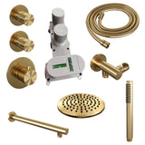 BRAUER Gold Edition thermostatische inbouw regendouche SET 01 met 20 cm douchekop en rechte muurarm en staaf handdouche en doucheslang en wandaansluitbocht goud geborsteld PVD