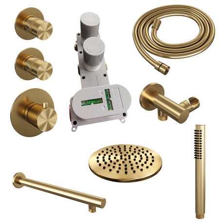 BRAUER Gold Edition thermostatische inbouw regendouche SET 01 met 20 cm douchekop en rechte muurarm en staaf handdouche en doucheslang en wandaansluitbocht goud geborsteld PVD