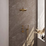 BRAUER Gold Edition thermostatische inbouw regendouche SET 02 met 30 cm douchekop en rechte muurarm en staaf handdouche en doucheslang en wandaansluitbocht goud geborsteld PVD