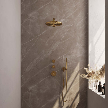 BRAUER Gold Edition thermostatische inbouw regendouche SET 02 met 30 cm douchekop en rechte muurarm en staaf handdouche en doucheslang en wandaansluitbocht goud geborsteld PVD