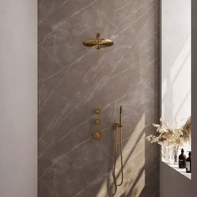BRAUER Gold Edition thermostatische inbouw regendouche SET 02 met 30 cm douchekop en rechte muurarm en staaf handdouche en doucheslang en wandaansluitbocht goud geborsteld PVD