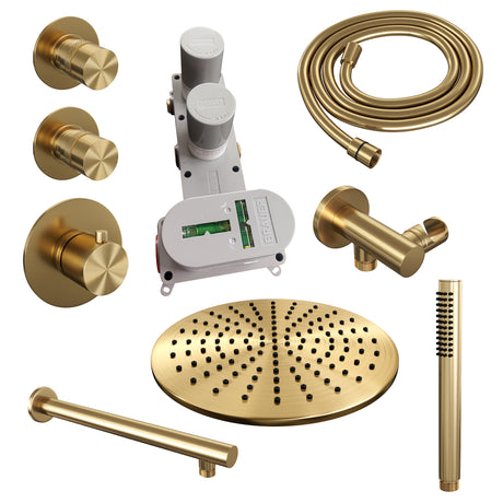 BRAUER Gold Edition thermostatische inbouw regendouche SET 02 met 30 cm douchekop en rechte muurarm en staaf handdouche en doucheslang en wandaansluitbocht goud geborsteld PVD