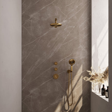 BRAUER Gold Edition thermostatische inbouw regendouche SET 07 met 20 cm douchekop en rechte muurarm en 3-standen handdouche en doucheslang en wandaansluitbocht goud geborsteld PVD