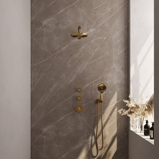 BRAUER Gold Edition thermostatische inbouw regendouche SET 07 met 20 cm douchekop en rechte muurarm en 3-standen handdouche en doucheslang en wandaansluitbocht goud geborsteld PVD