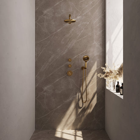 BRAUER Gold Edition thermostatische inbouw regendouche SET 07 met 20 cm douchekop en rechte muurarm en 3-standen handdouche en doucheslang en wandaansluitbocht goud geborsteld PVD