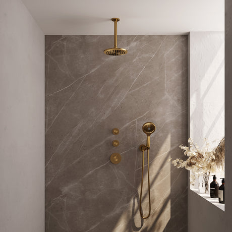 BRAUER Gold Edition thermostatische inbouw regendouche SET 11 met 20 cm douchekop en plafondarm en 3-standen handdouche en doucheslang en wandaansluitbocht goud geborsteld PVD