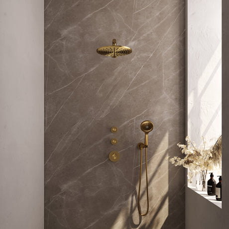 BRAUER Gold Edition thermostatische inbouw regendouche SET 08 met 30 cm douchekop en rechte muurarm en 3-standen handdouche en doucheslang en wandaansluitbocht goud geborsteld PVD
