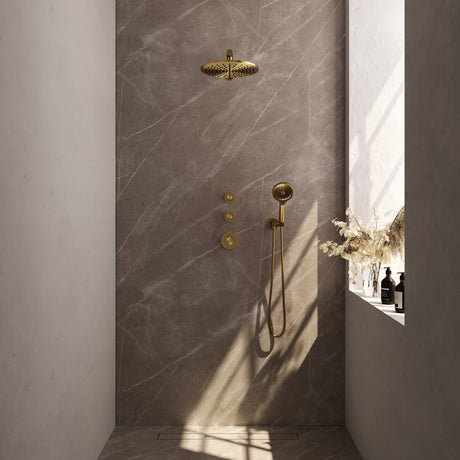 BRAUER Gold Edition thermostatische inbouw regendouche SET 08 met 30 cm douchekop en rechte muurarm en 3-standen handdouche en doucheslang en wandaansluitbocht goud geborsteld PVD
