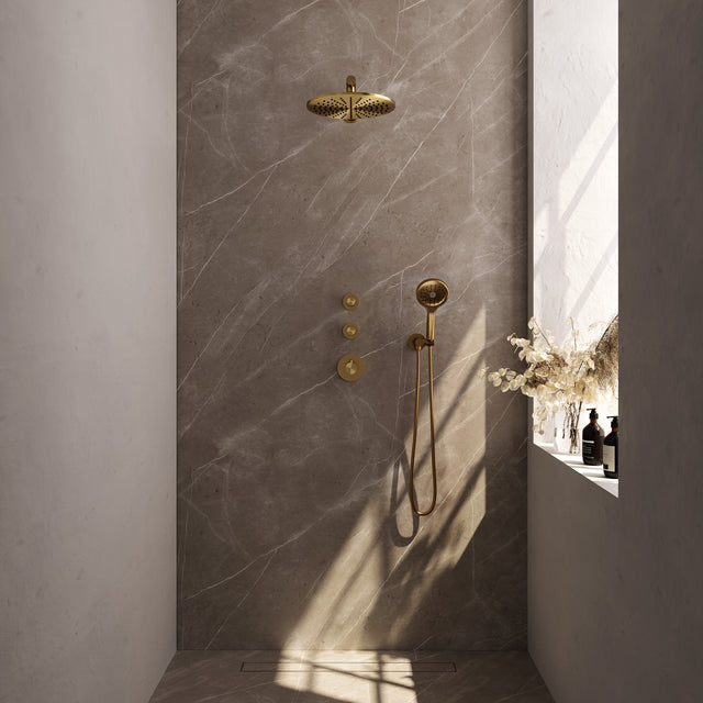 BRAUER Gold Edition thermostatische inbouw regendouche SET 08 met 30 cm douchekop en rechte muurarm en 3-standen handdouche en doucheslang en wandaansluitbocht goud geborsteld PVD