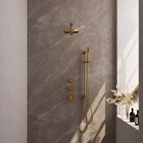 BRAUER Gold Edition thermostatische inbouw regendouche SET 13 met 20 cm douchekop en rechte muurarm en staaf handdouche en doucheslang en geïntegreerde glijstang goud geborsteld PVD