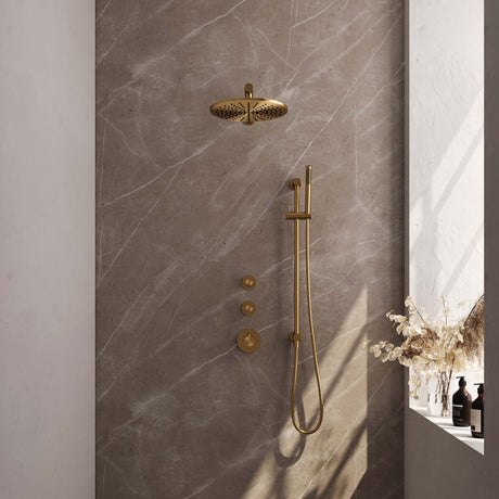 BRAUER Gold Edition thermostatische inbouw regendouche SET 14 met 30 cm douchekop en rechte muurarm en staaf handdouche en doucheslang en geïntegreerde glijstang goud geborsteld PVD