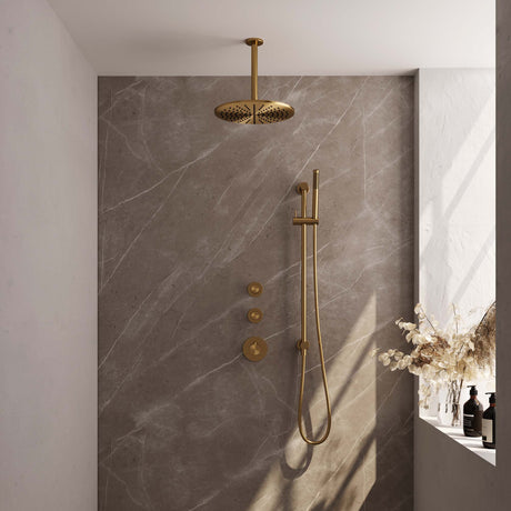 BRAUER Gold Edition thermostatische inbouw regendouche SET 18 met 30 cm douchekop en plafondarm en staaf handdouche en doucheslang en geïntegreerde glijstang goud geborsteld PVD