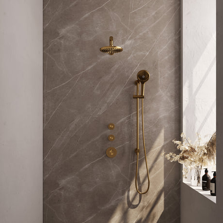 BRAUER Gold Edition thermostatische inbouw regendouche SET 19 met 20 cm douchekop en rechte muurarm en 3-standen handdouche en doucheslang en geïntegreerde glijstang goud geborsteld PVD