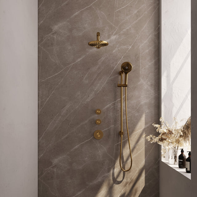 BRAUER Gold Edition thermostatische inbouw regendouche SET 19 met 20 cm douchekop en rechte muurarm en 3-standen handdouche en doucheslang en geïntegreerde glijstang goud geborsteld PVD