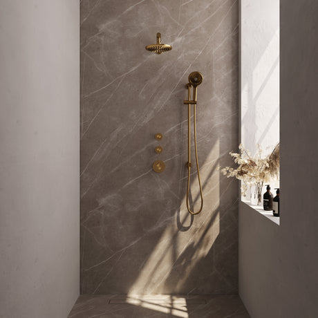 BRAUER Gold Edition thermostatische inbouw regendouche SET 19 met 20 cm douchekop en rechte muurarm en 3-standen handdouche en doucheslang en geïntegreerde glijstang goud geborsteld PVD