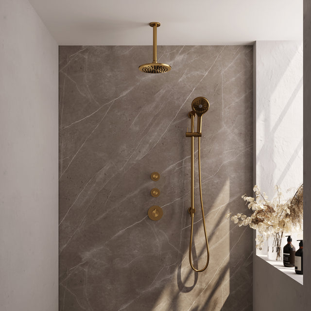BRAUER Gold Edition thermostatische inbouw regendouche SET 23 met 20 cm douchekop en plafondarm en 3-standen handdouche en doucheslang en geïntegreerde glijstang goud geborsteld PVD