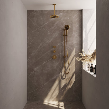 BRAUER Gold Edition thermostatische inbouw regendouche SET 23 met 20 cm douchekop en plafondarm en 3-standen handdouche en doucheslang en geïntegreerde glijstang goud geborsteld PVD