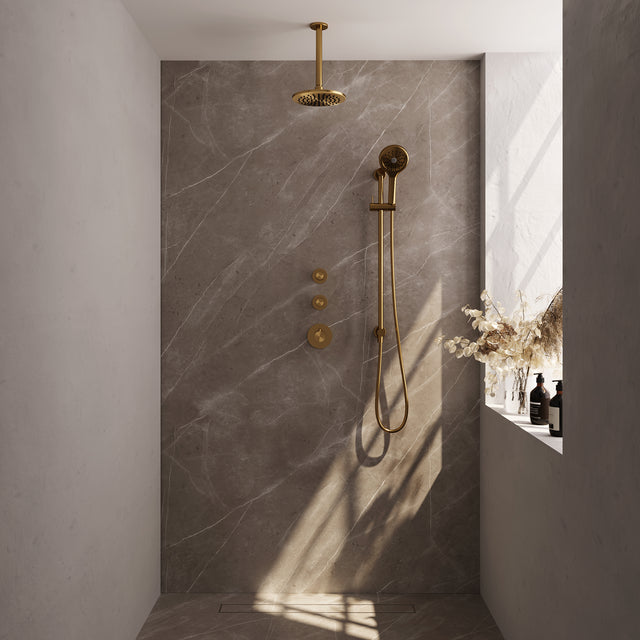 BRAUER Gold Edition thermostatische inbouw regendouche SET 23 met 20 cm douchekop en plafondarm en 3-standen handdouche en doucheslang en geïntegreerde glijstang goud geborsteld PVD
