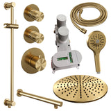 BRAUER Gold Edition thermostatische inbouw regendouche SET 20 met 30 cm douchekop en rechte muurarm en 3-standen handdouche en doucheslang en geïntegreerde glijstang goud geborsteld PVD
