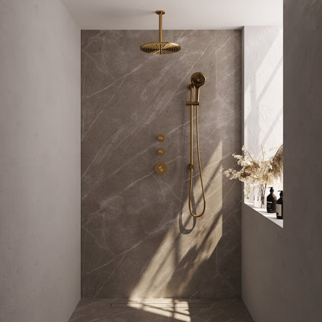 BRAUER Gold Edition thermostatische inbouw regendouche SET 24 met 30 cm douchekop en plafondarm en 3-standen handdouche en doucheslang en geïntegreerde glijstang goud geborsteld PVD