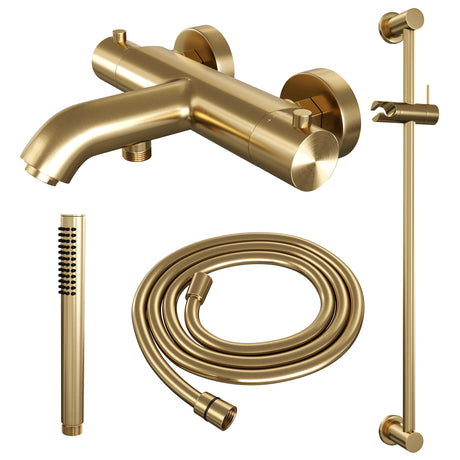 BRAUER Gold Edition opbouw baddouche thermostaatkraan SET 01 met glijstang en staaf handdouche en doucheslang goud geborsteld PVD