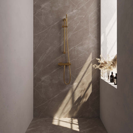 BRAUER Gold Edition opbouw douche thermostaatkraan SET 01 met glijstang en staaf handdouche en doucheslang goud geborsteld PVD