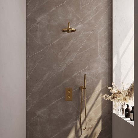 BRAUER Gold Edition thermostatische inbouw regendouche 3-weg omstelling SET 27 met 20 cm douchekop en gebogen muurarm en staaf handdouche en doucheslang en wandaansluitbocht goud geborsteld PVD