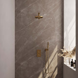 BRAUER Gold Edition thermostatische inbouw regendouche 3-weg omstelling SET 25 met 20 cm douchekop en rechte muurarm en staaf handdouche en doucheslang en wandaansluitbocht goud geborsteld PVD