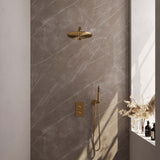 BRAUER Gold Edition thermostatische inbouw regendouche 3-weg omstelling SET 26 met 30 cm douchekop en rechte muurarm en staaf handdouche en doucheslang en wandaansluitbocht goud geborsteld PVD