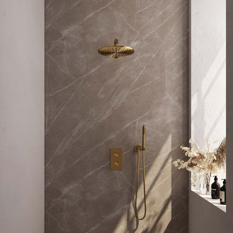 BRAUER Gold Edition thermostatische inbouw regendouche 3-weg omstelling SET 26 met 30 cm douchekop en rechte muurarm en staaf handdouche en doucheslang en wandaansluitbocht goud geborsteld PVD