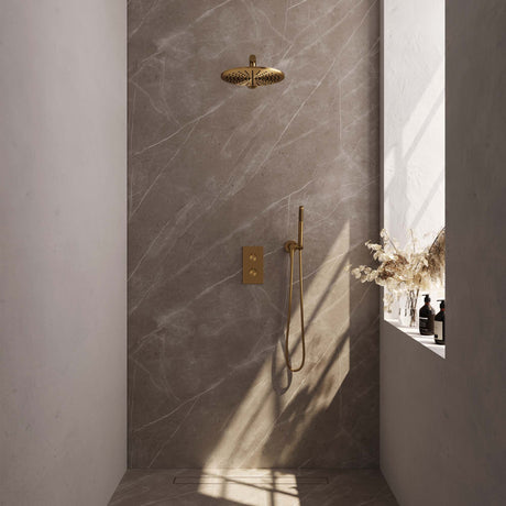 BRAUER Gold Edition thermostatische inbouw regendouche 3-weg omstelling SET 26 met 30 cm douchekop en rechte muurarm en staaf handdouche en doucheslang en wandaansluitbocht goud geborsteld PVD