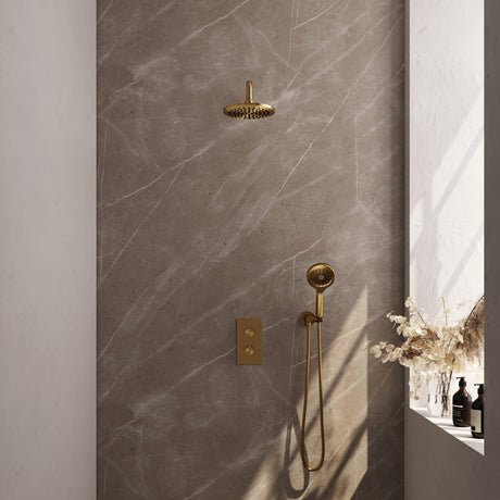 BRAUER Gold Edition thermostatische inbouw regendouche 3-weg omstelling SET 33 met 20 cm douchekop en gebogen muurarm en 3-standen handdouche en doucheslang en wandaansluitbocht goud geborsteld PVD