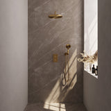 BRAUER Gold Edition thermostatische inbouw regendouche 3-weg omstelling SET 34 met 30 cm douchekop en gebogen muurarm en 3-standen handdouche en doucheslang en wandaansluitbocht goud geborsteld PVD