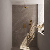 BRAUER Gold Edition thermostatische inbouw regendouche 3-weg omstelling SET 35 met 20 cm douchekop en plafondarm en 3-standen handdouche en doucheslang en wandaansluitbocht goud geborsteld PVD